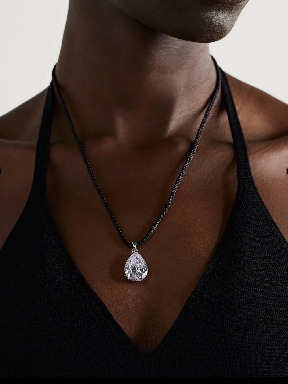 Roxanne Assoulin  Authentic Black Cord Necklace with Clear Teardrop Pendant NEW